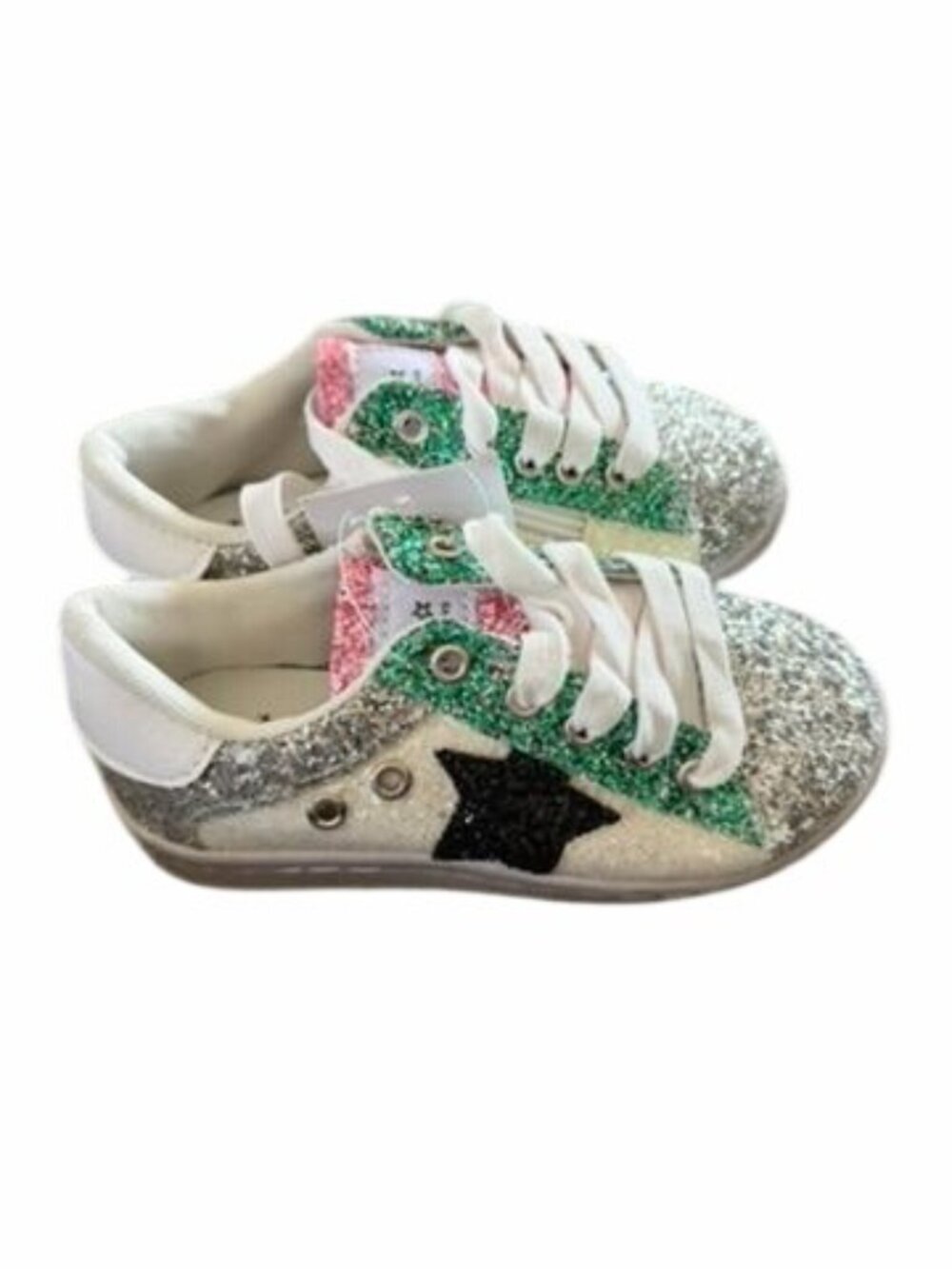 Lola & The Boys Star Silver Glitter Sneakers Size EU 30 With Green & Pink Accent - Picture 2 of 4